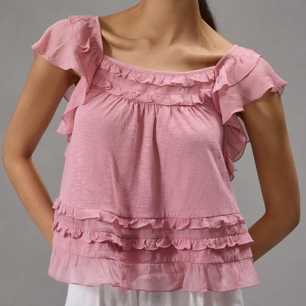 Anthropologie Pink Ruffled Flutter Sleeve Blouse